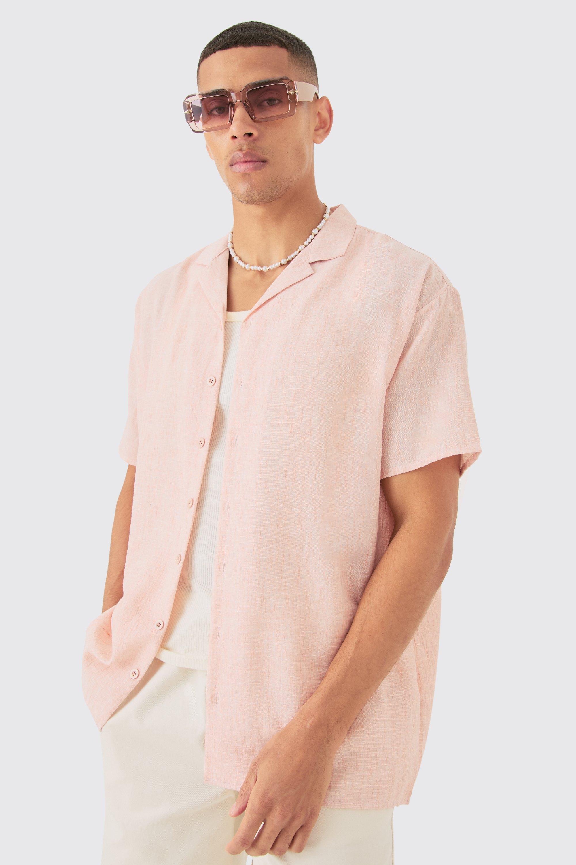 Mens Pink Oversized Linen Look Revere Shirt, Pink